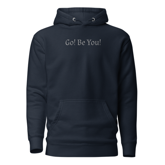 "Go! Be You!" printed on a navy blazer on an invisible / simulated body