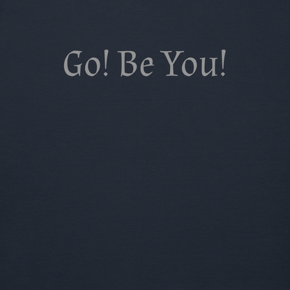 "Go! Be You!" printed on a navy blazer background
