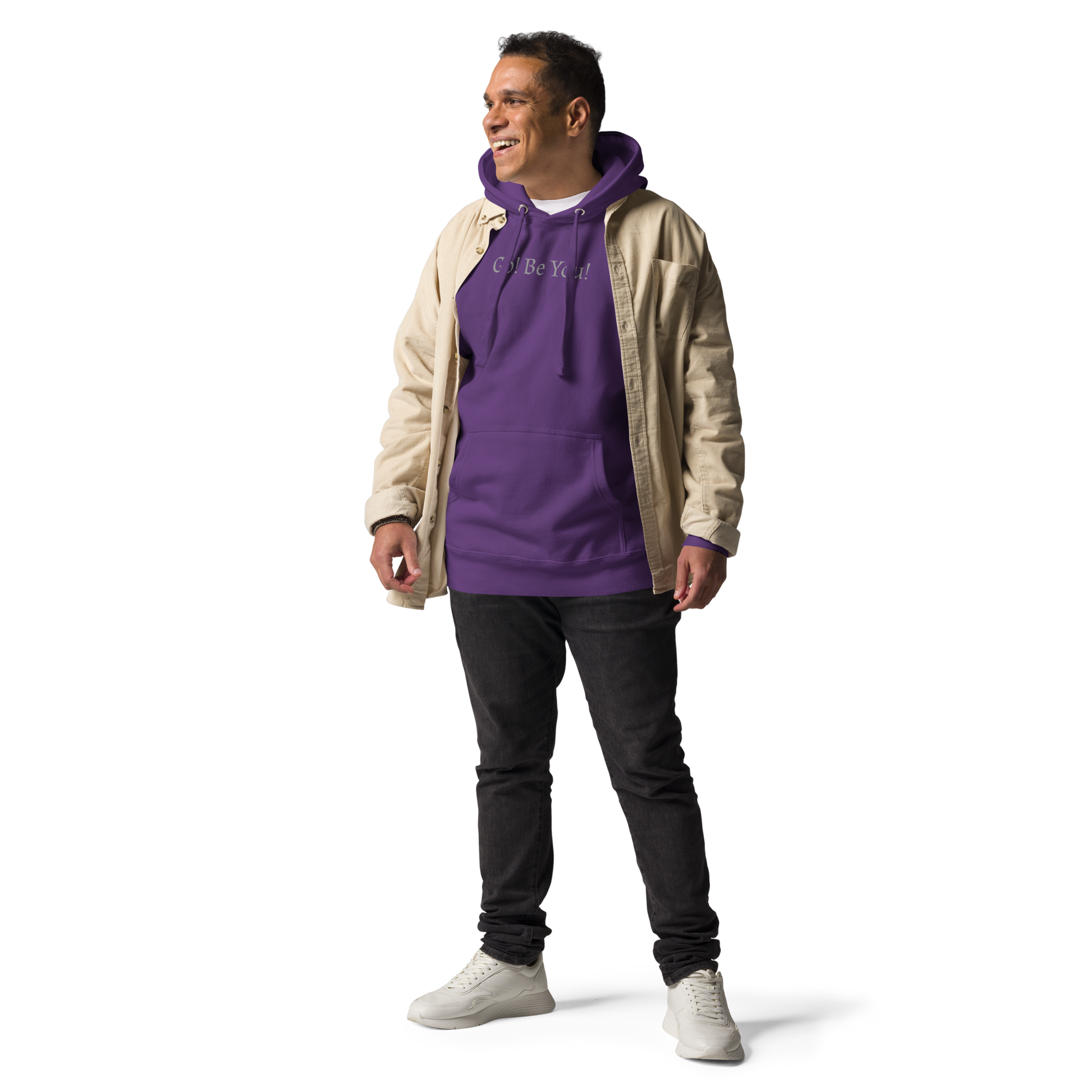 "Go! Be You!" printed on a purple unisex hoodie worn by a male with a jacket on top