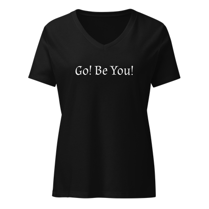 "Go! Be You!" printed on a solid black blend on an invisible / simulated body
