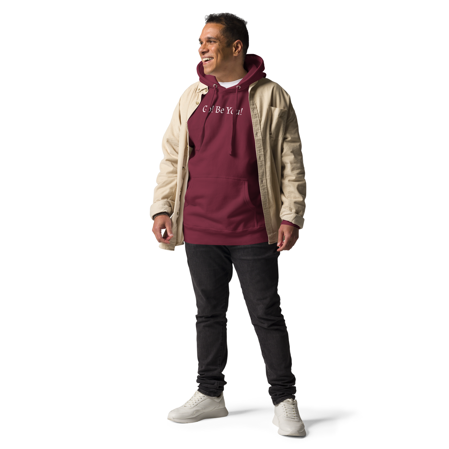 "Go! Be You!" printed on a maroon unisex hoodie worn by a male with a jacket on top