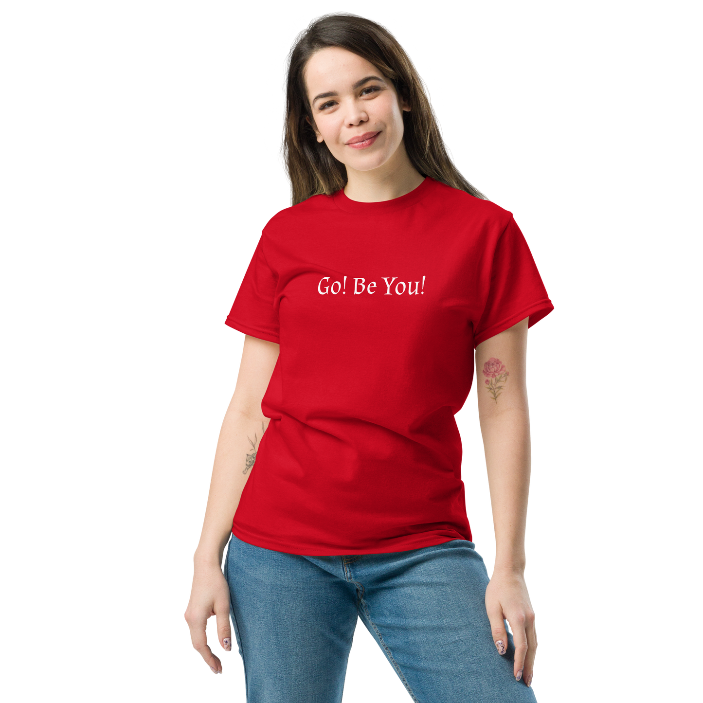 "Go! Be You!" printed on a red unisex classic tee worn by a female
