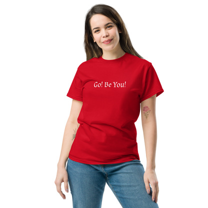 "Go! Be You!" printed on a red unisex classic tee worn by a female