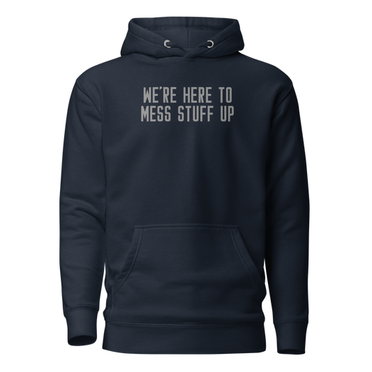 "We're Here To Mess Stuff Up" printed on a navy blazer on an invisible / simulated body