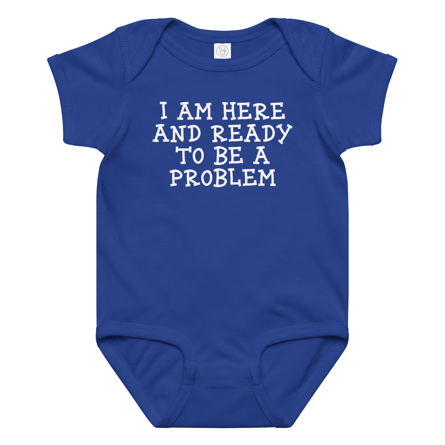 "I am here and ready to be a problem" printed on a royal baby jersey bodysuit laying on a flat surface amongst other clothes