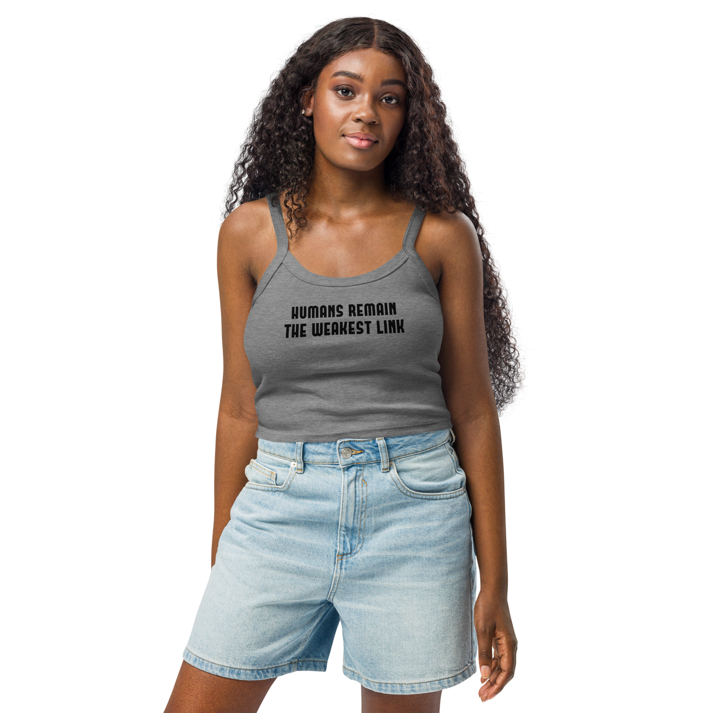 "Humans remain the weakest link" printed on a athletic heather women's micro-rib tanktop worn by a female