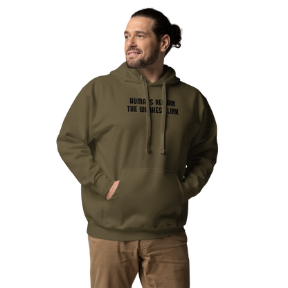 "Humans remain the weakest link" printed on a military green unisex hoodie worn by a male
