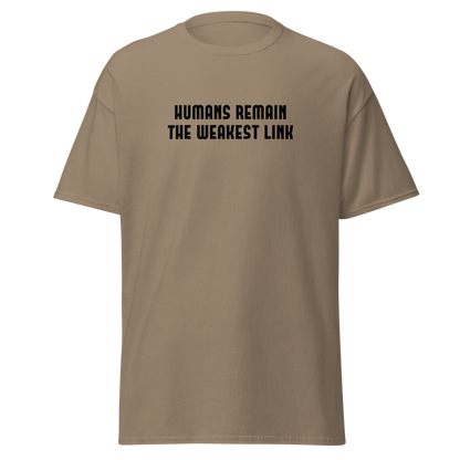 "Humans remain the weakest link" printed on a brown savana on an invisible body