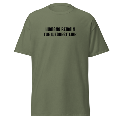 "Humans remain the weakest link" printed on a military green on an invisible body