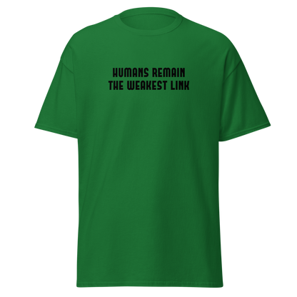 "Humans remain the weakest link" printed on a turf green on an invisible body