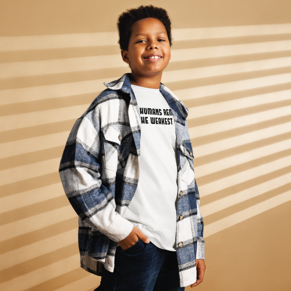 "Humans remain the weakest link" printed on a white youth classic tee worn by a male also wearing a jacket