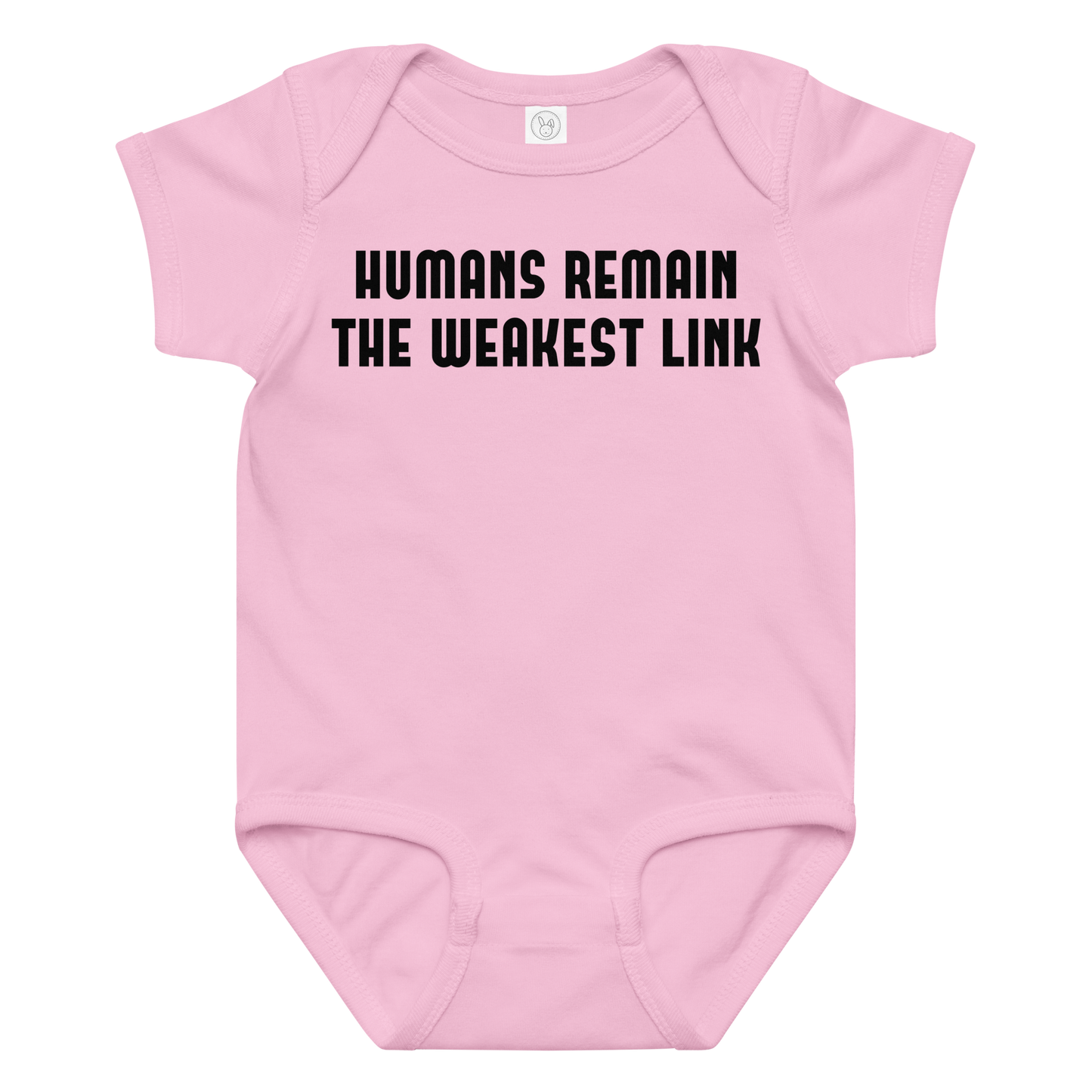 "Humans remain the weakest link" printed on a pink baby jersey bodysuit laying on a flat surface amongst other clothes