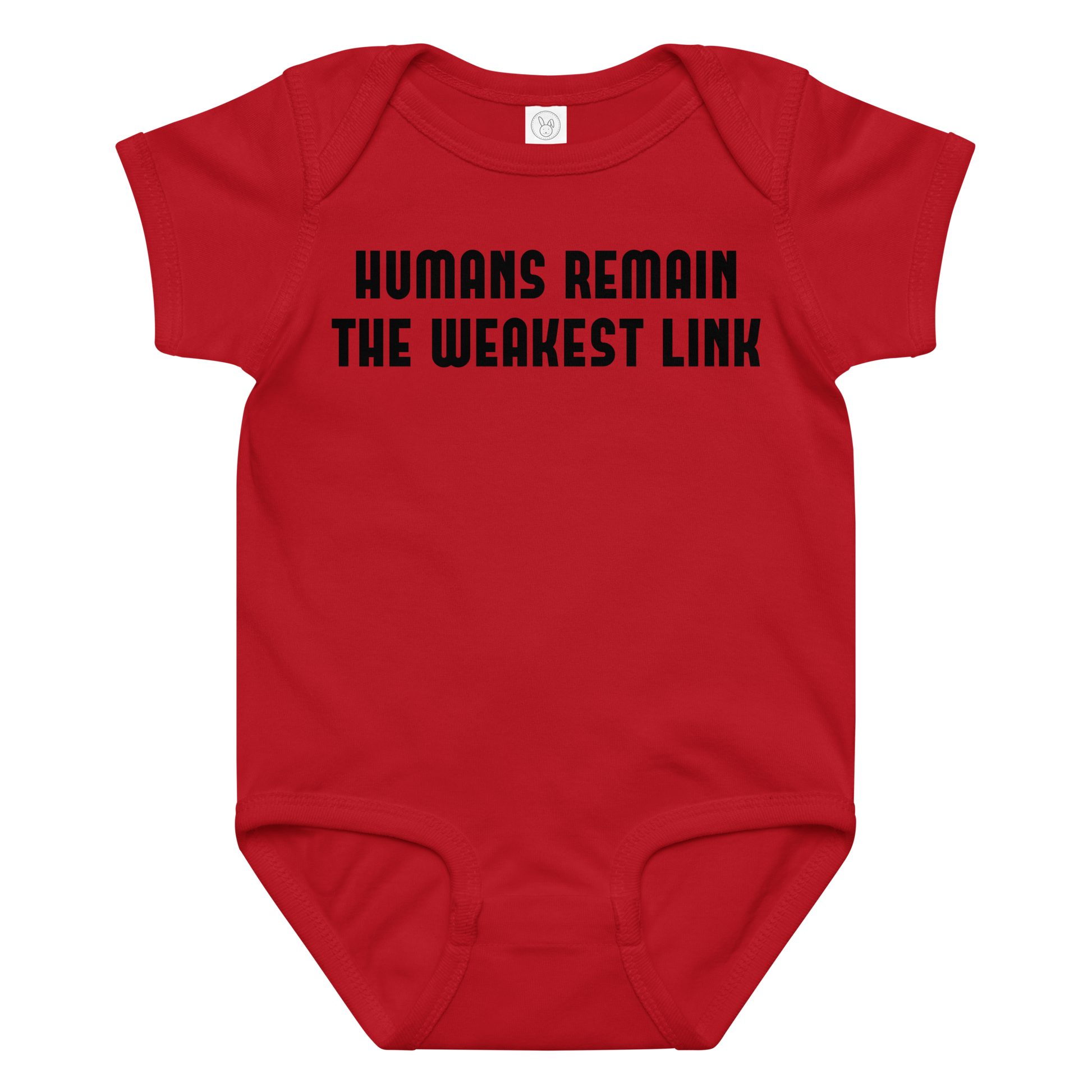 "Humans remain the weakest link" printed on a red baby jersey bodysuit laying on a flat surface amongst other clothes