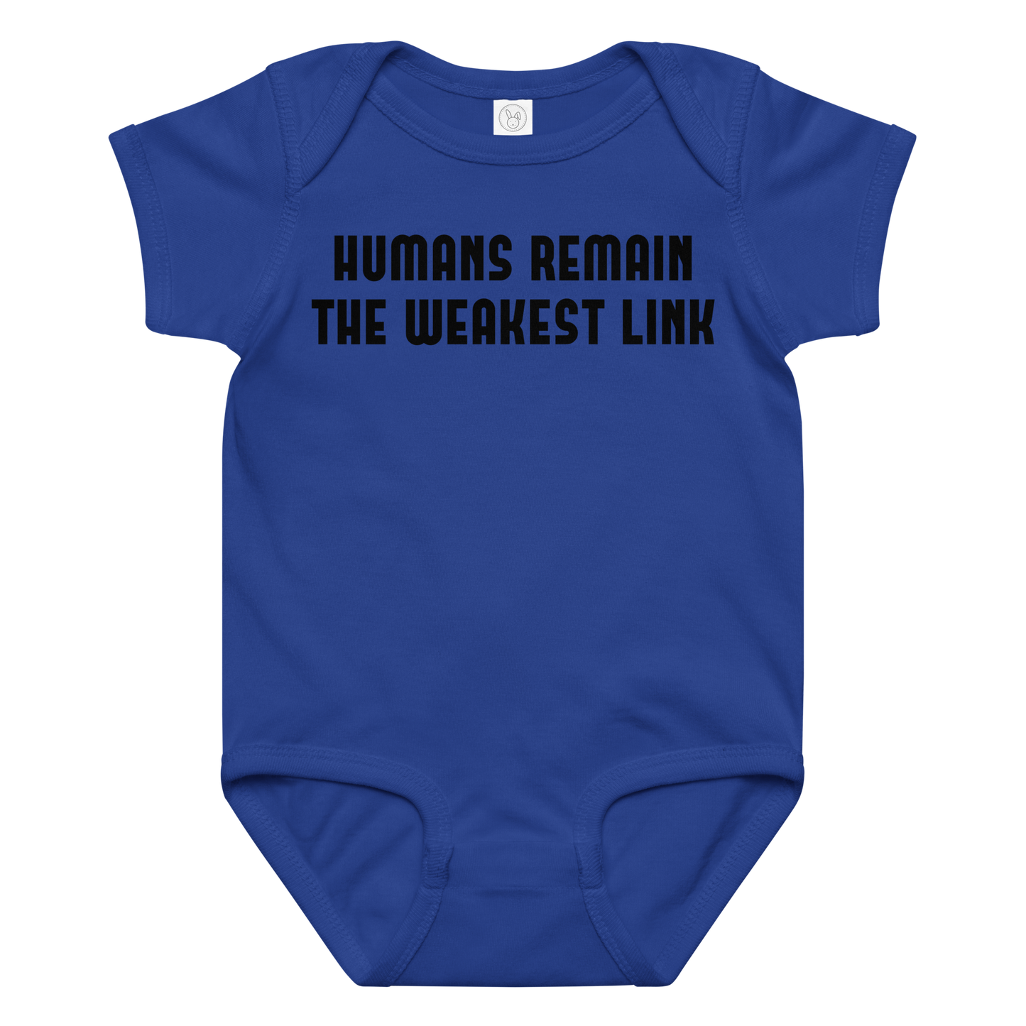 "Humans remain the weakest link" printed on a royal baby jersey bodysuit laying on a flat surface amongst other clothes