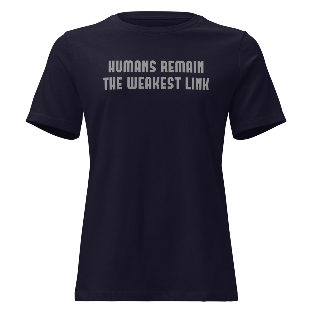 "Humans remain the weakest link" printed on a navy on an invisible / simulated body