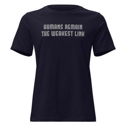 "Humans remain the weakest link" printed on a navy on an invisible / simulated body