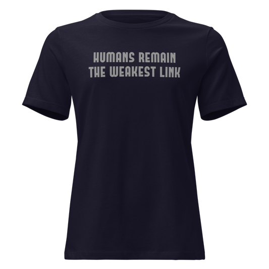 "Humans remain the weakest link" printed on a navy on an invisible / simulated body