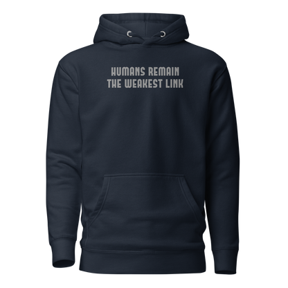 "Humans remain the weakest link" printed on a navy blazer on an invisible / simulated body