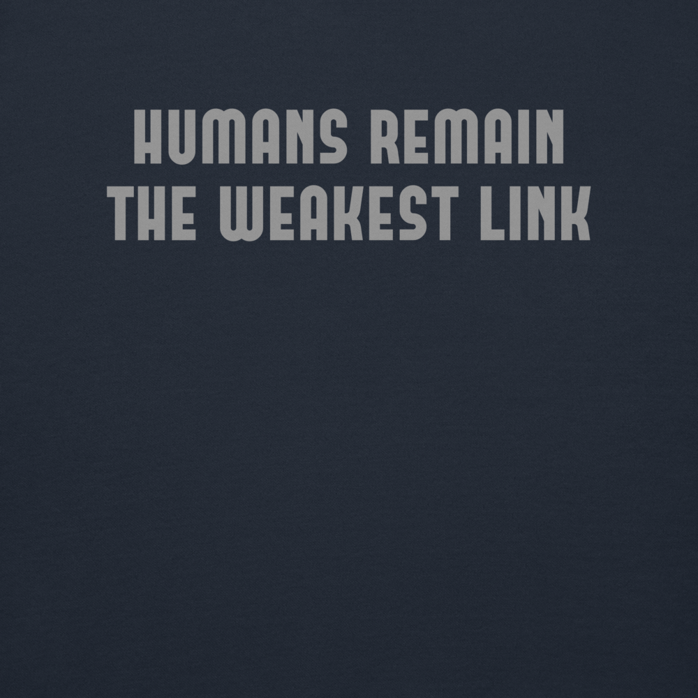 "Humans remain the weakest link" printed on a navy blazer background