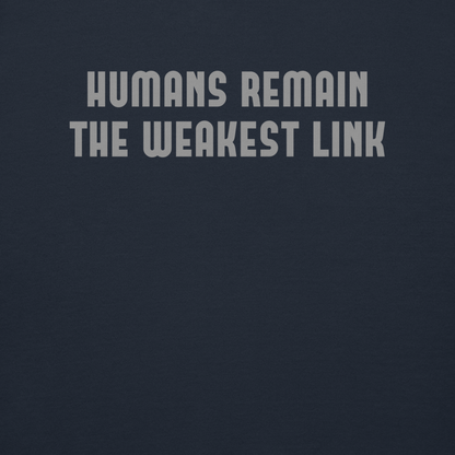 "Humans remain the weakest link" printed on a navy blazer background