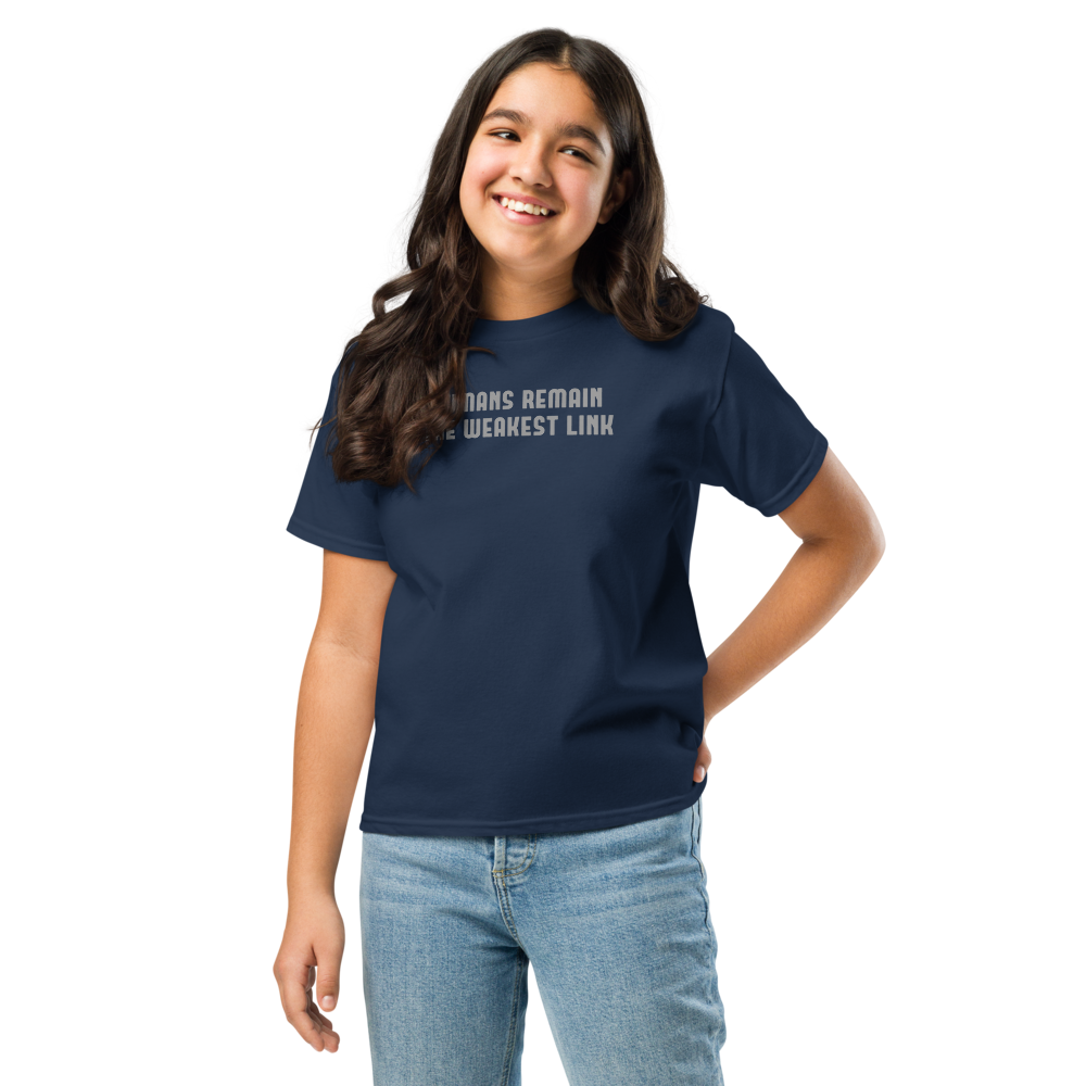 "Humans remain the weakest link" printed on a navy youth classic tee worn by a female