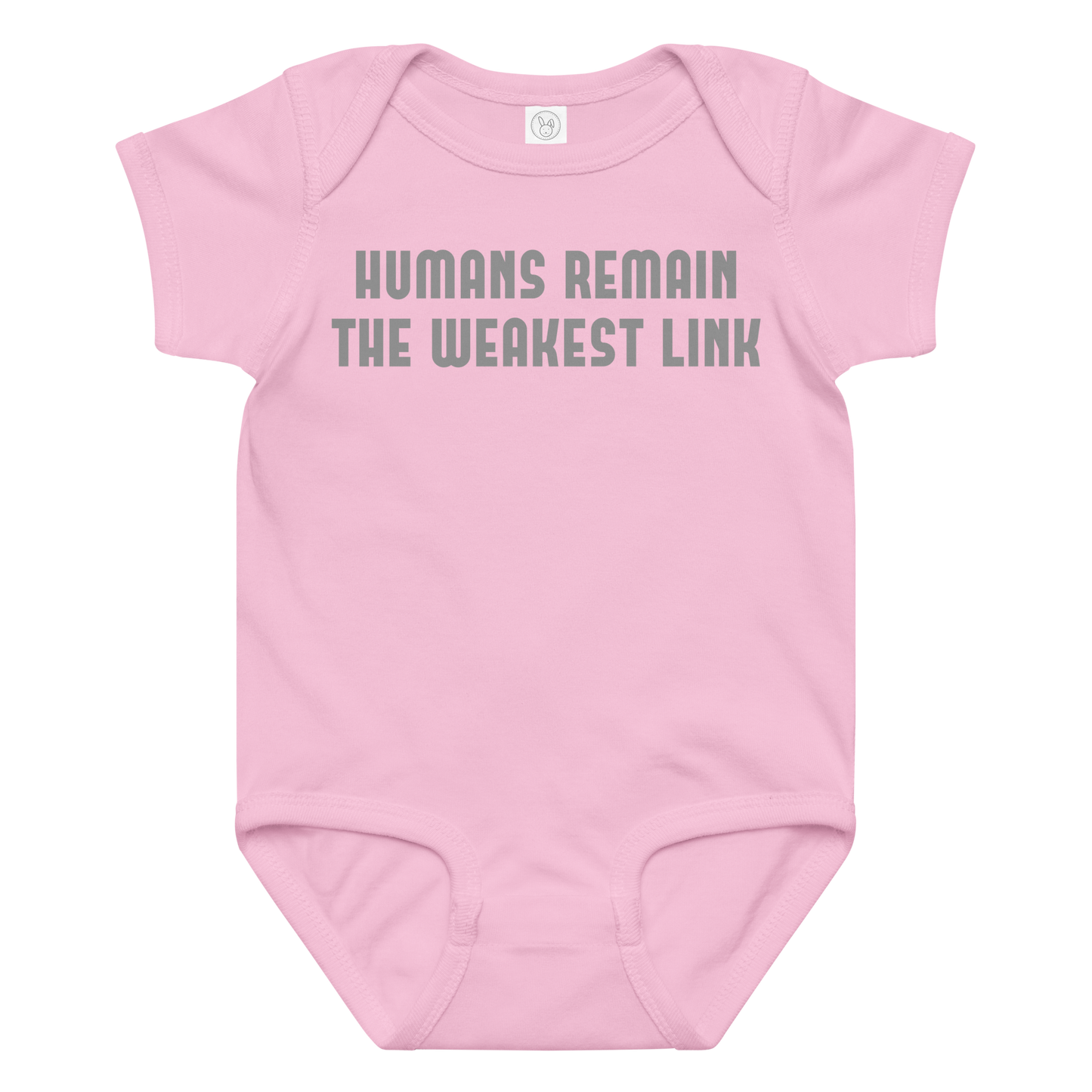 "Humans remain the weakest link" printed on a pink baby jersey bodysuit laying on a flat surface amongst other clothes