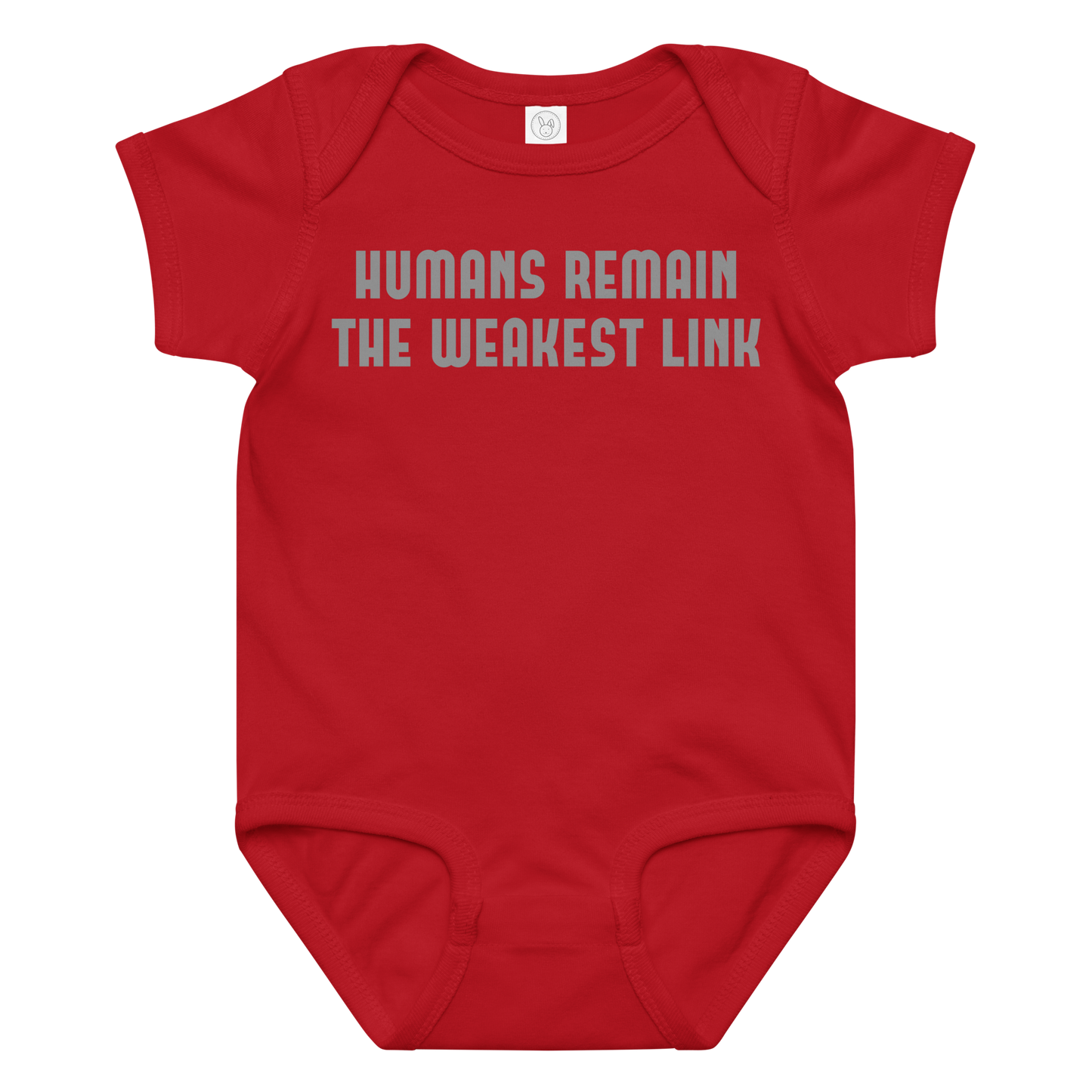 "Humans remain the weakest link" printed on a red baby jersey bodysuit laying on a flat surface amongst other clothes