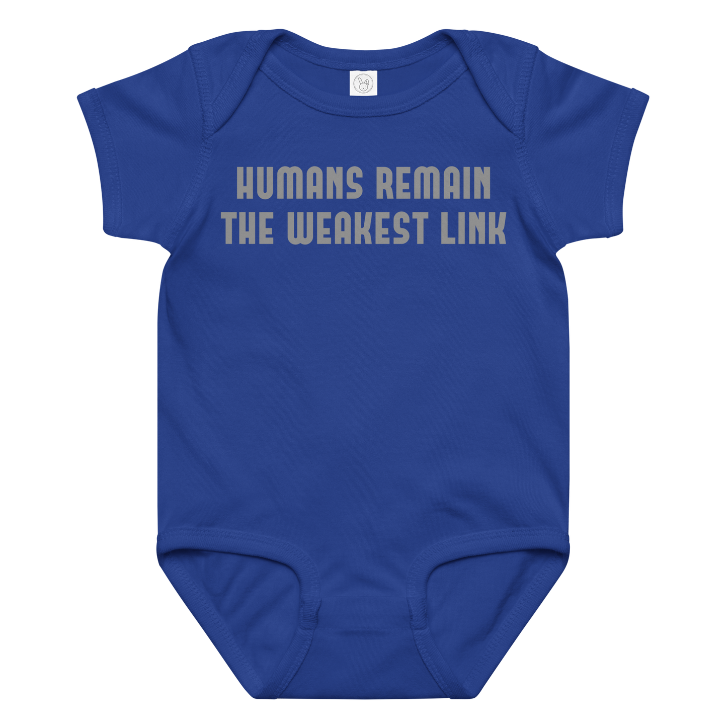 "Humans remain the weakest link" printed on a royal baby jersey bodysuit laying on a flat surface amongst other clothes