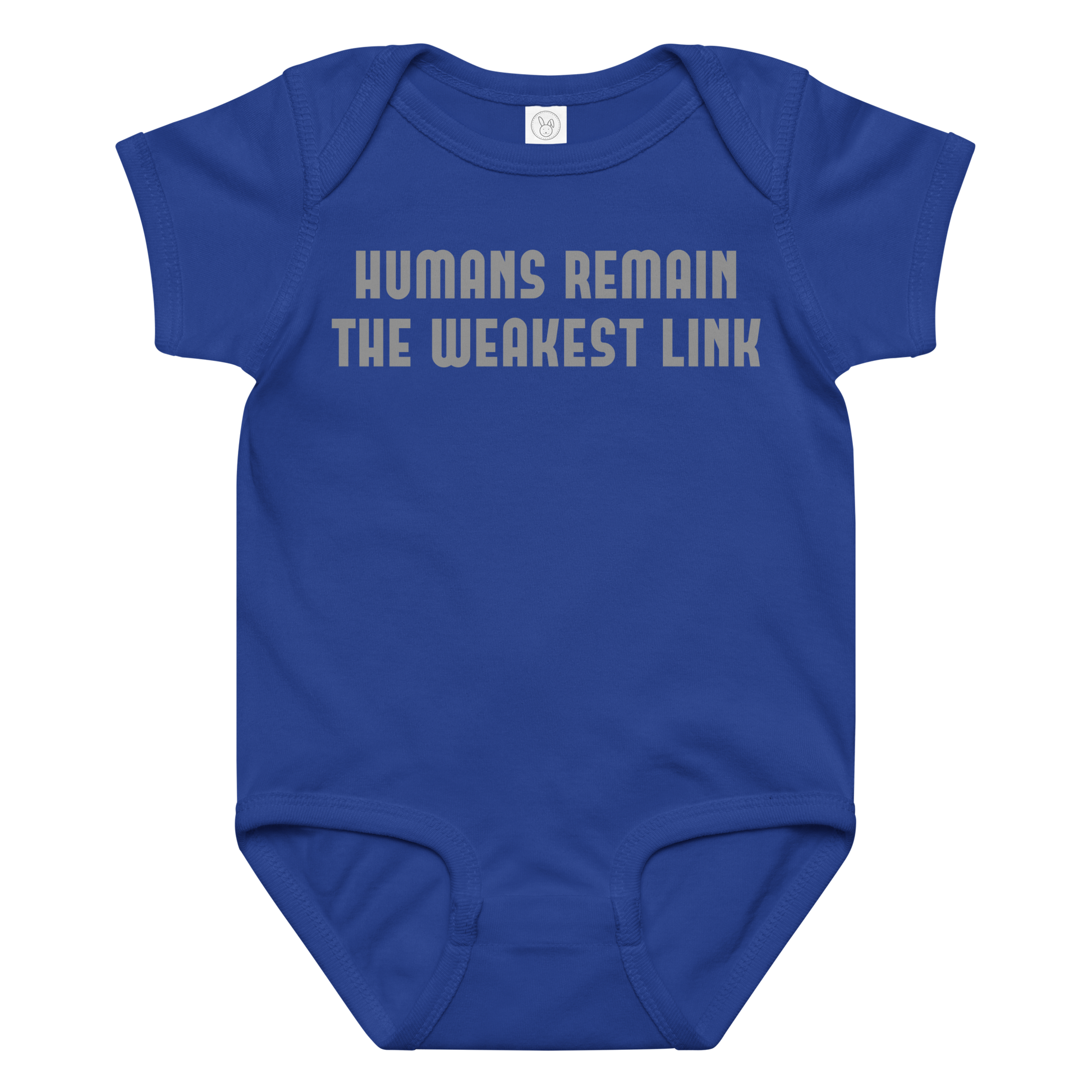 "Humans remain the weakest link" printed on a royal baby jersey bodysuit laying on a flat surface amongst other clothes