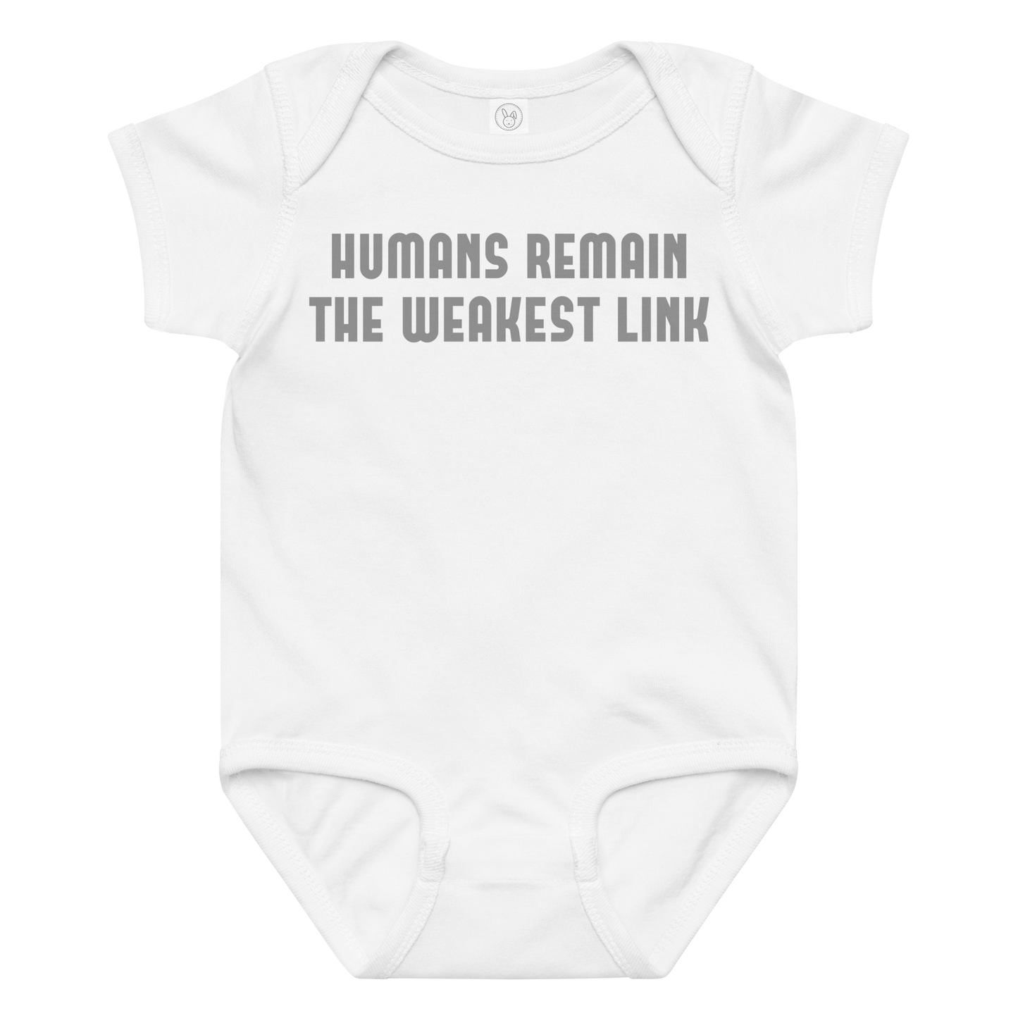 "Humans remain the weakest link" printed on a white baby jersey bodysuit laying on a flat surface amongst other clothes