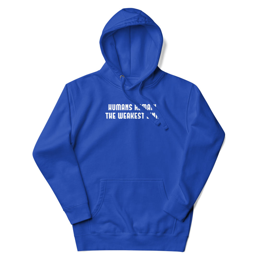 "Humans remain the weakest link" printed on a team royal unisex hoodie laying on a flat surface with the hood up