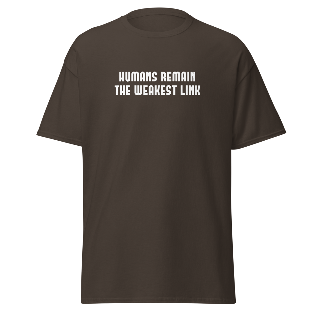 "Humans remain the weakest link" printed on a dark chocolate on an invisible body