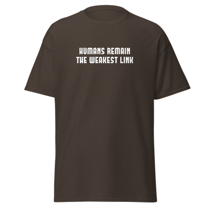 "Humans remain the weakest link" printed on a dark chocolate on an invisible body