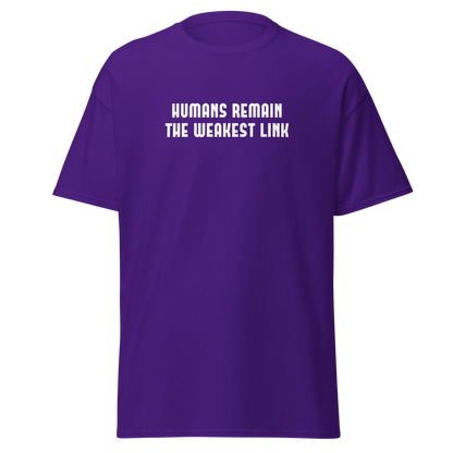 "Humans remain the weakest link" printed on a purple on an invisible body