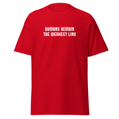 "Humans remain the weakest link" printed on a red on an invisible body