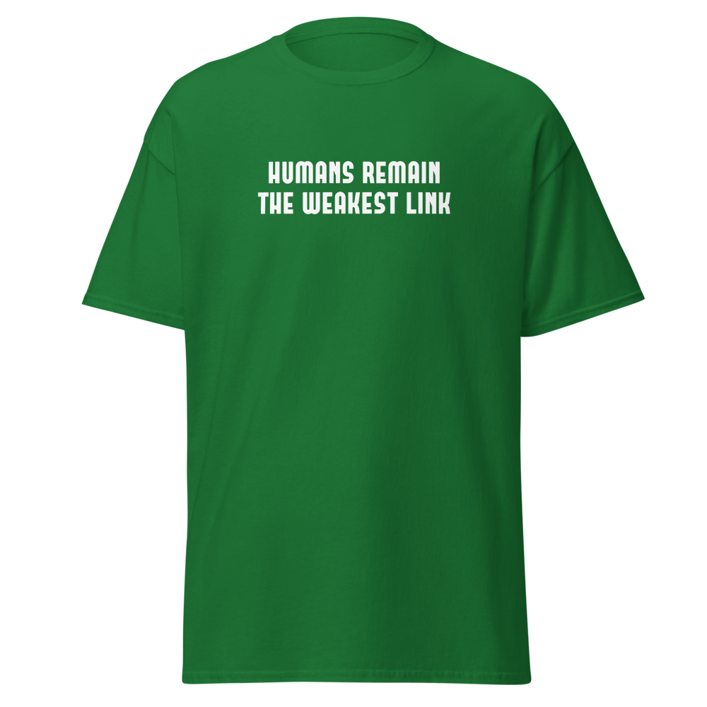 "Humans remain the weakest link" printed on a turf green on an invisible body