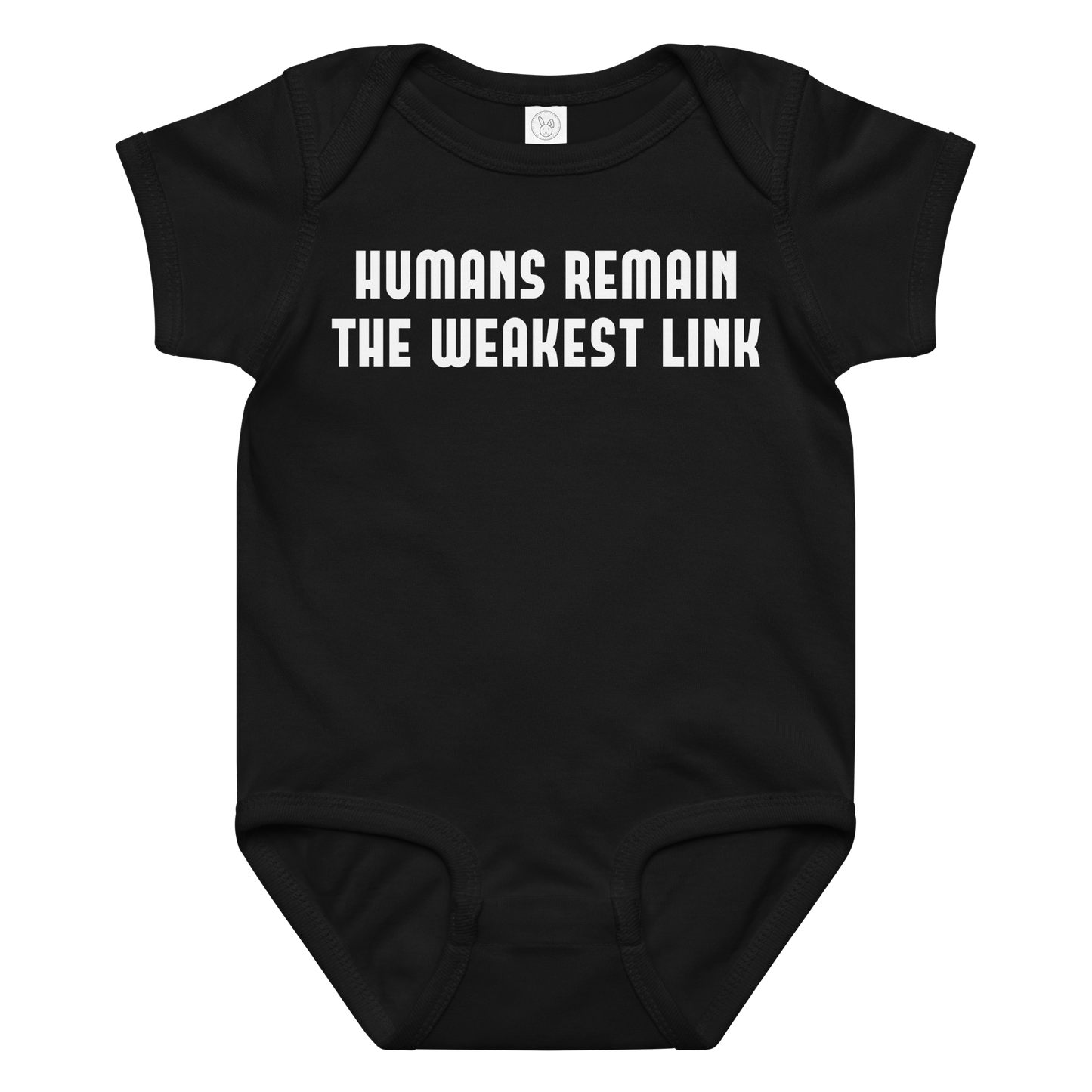 "Humans remain the weakest link" printed on a black baby jersey bodysuit laying on a flat surface amongst other clothes