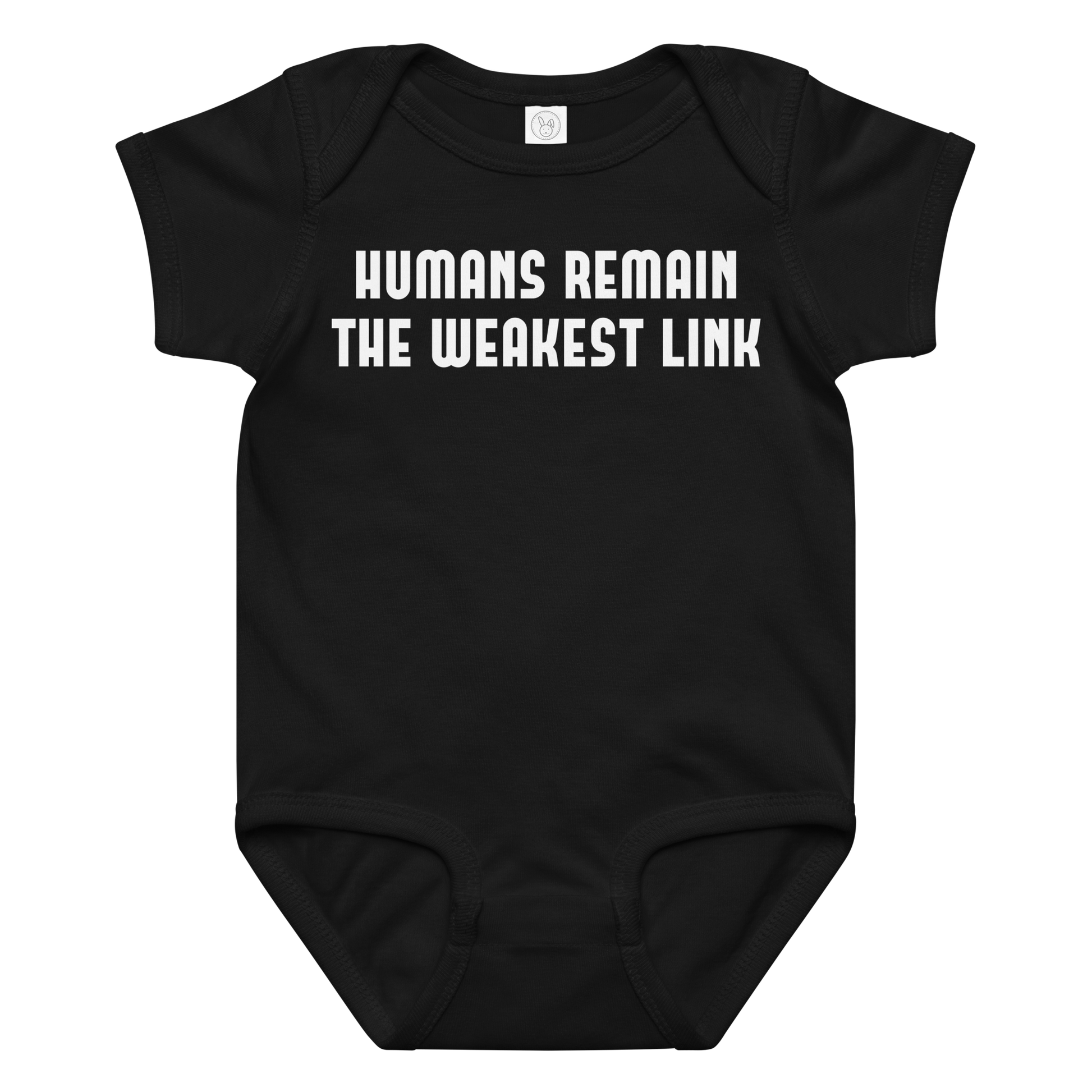 "Humans remain the weakest link" printed on a black baby jersey bodysuit laying on a flat surface amongst other clothes