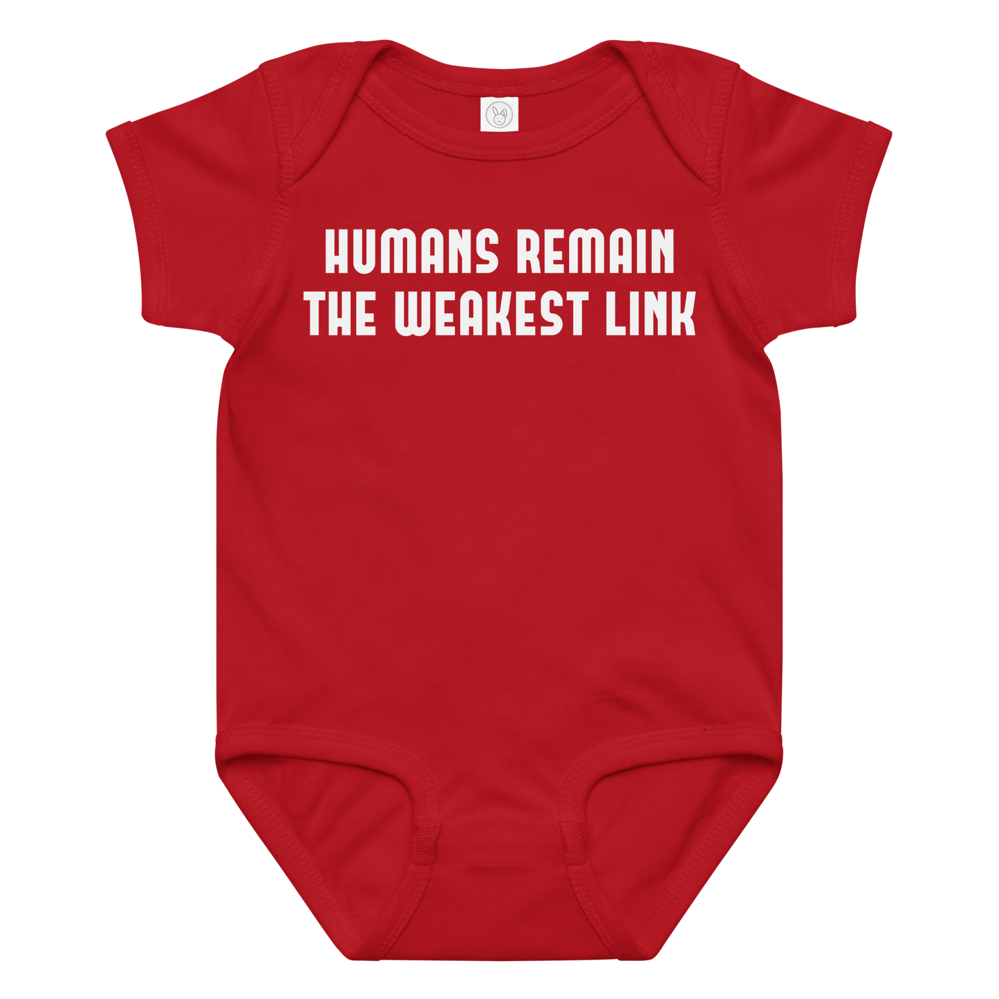 "Humans remain the weakest link" printed on a red baby jersey bodysuit laying on a flat surface amongst other clothes