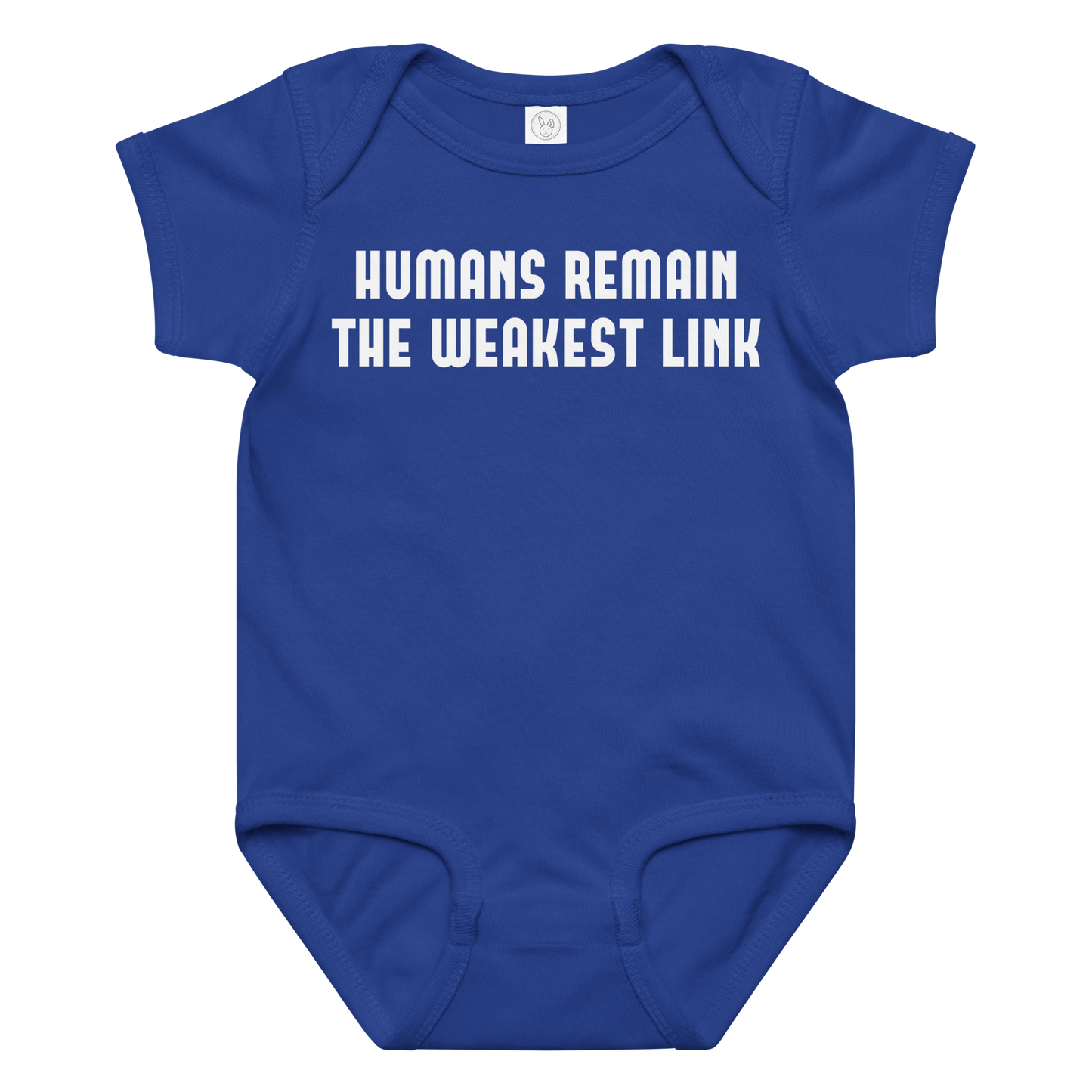"Humans remain the weakest link" printed on a royal baby jersey bodysuit laying on a flat surface amongst other clothes