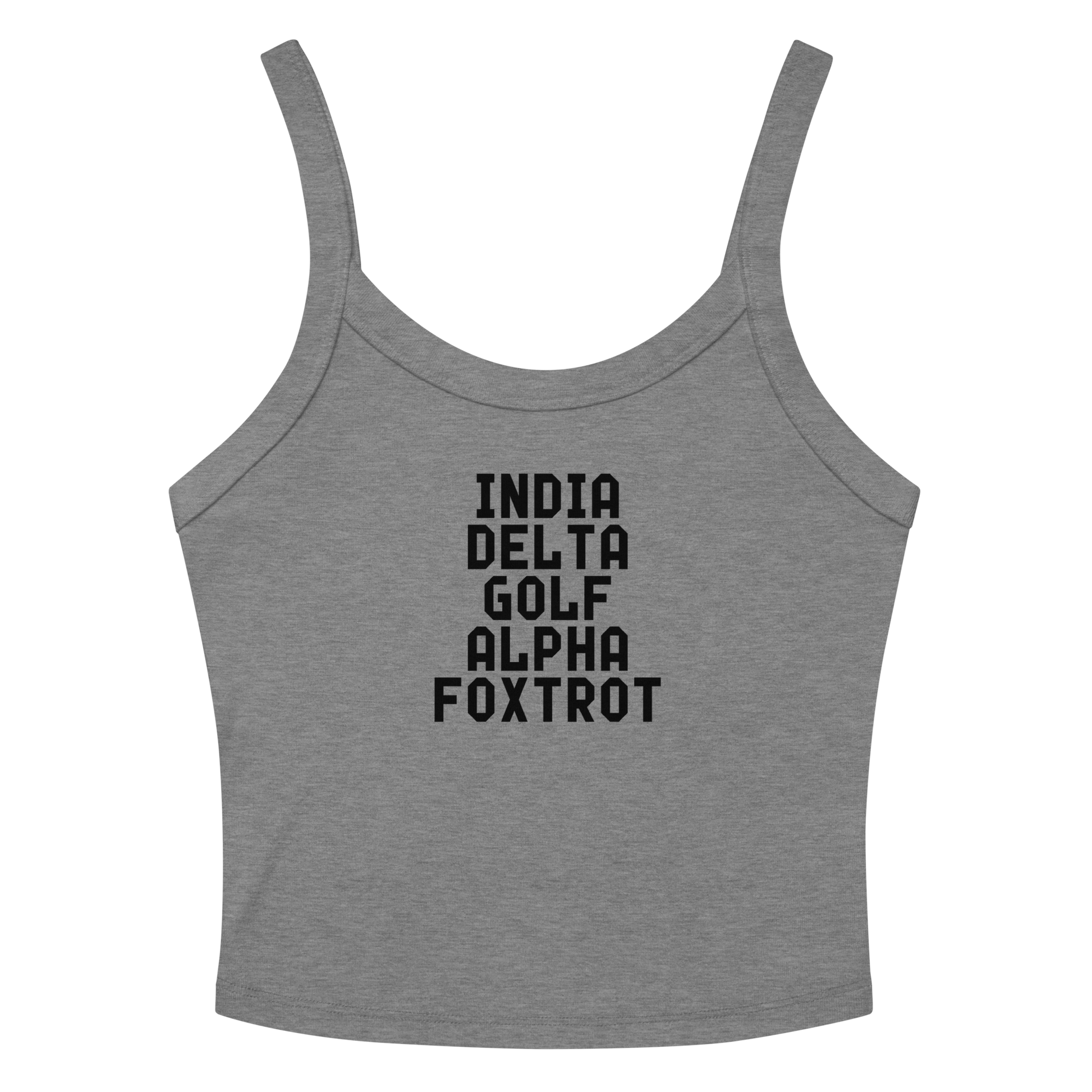 "India Delta Golf Alpha Foxtrot" printed on a athletic heather women's micro-rib tanktop laying on a flat surface amongst sunglasses and shorts
