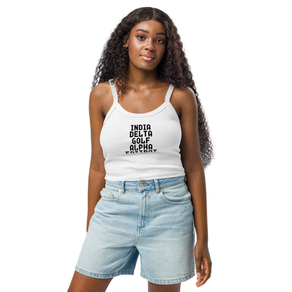"India Delta Golf Alpha Foxtrot" printed on a solid white blend women's micro-rib tanktop worn by a female