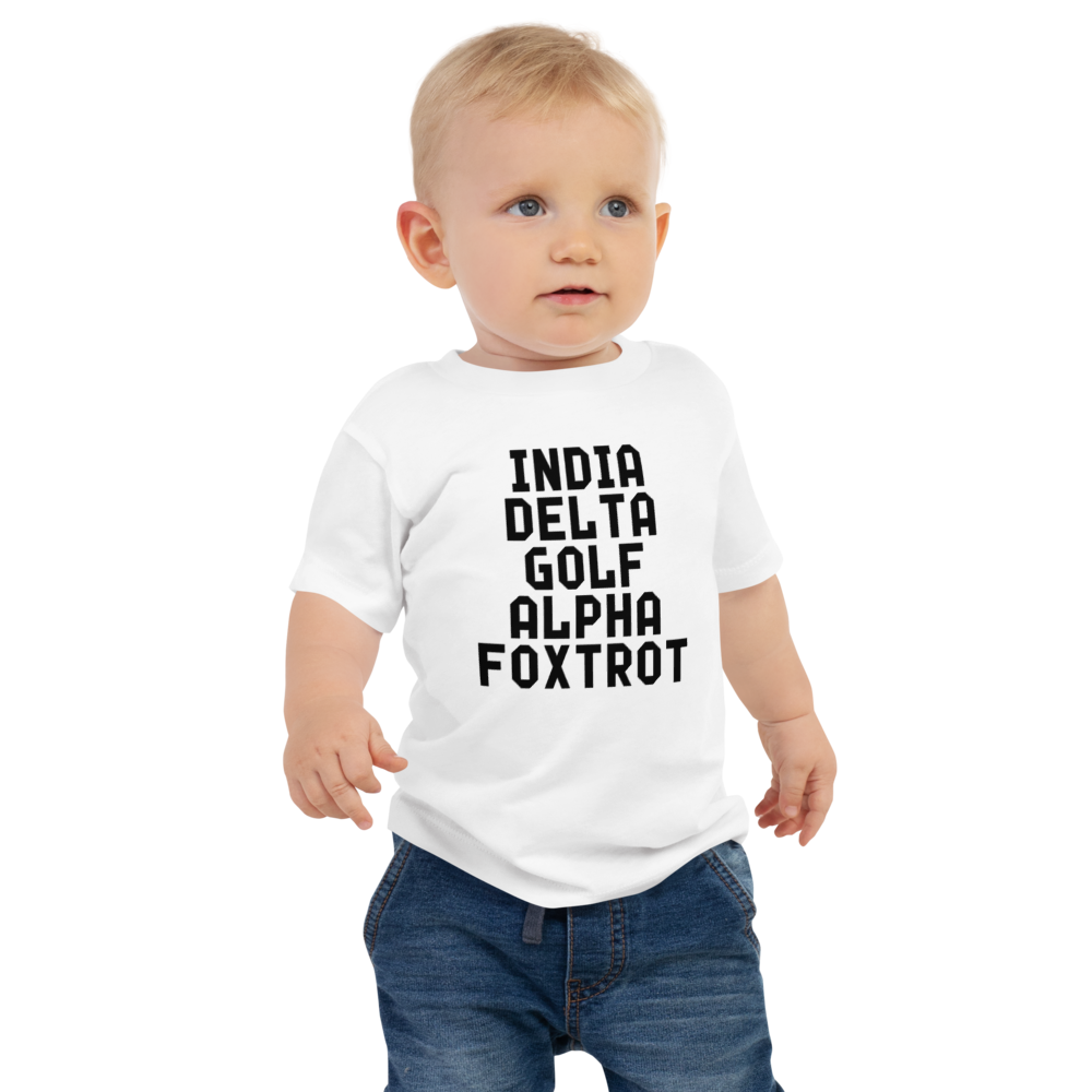 "India Delta Golf Alpha Foxtrot" printed on a white baby jersey short sleeve tee worn by a male