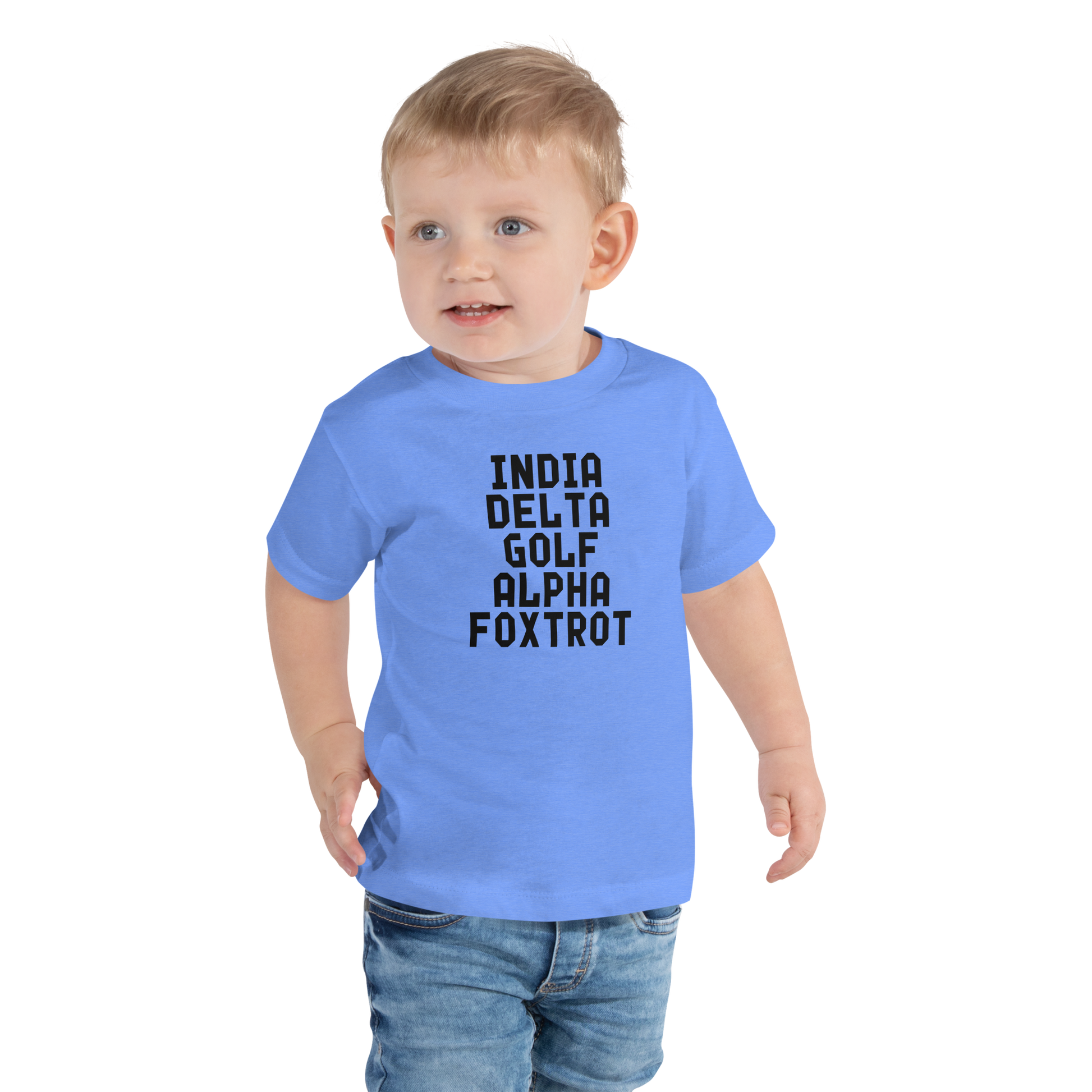 "India Delta Golf Alpha Foxtrot" printed on a heather columbia blue toddler short sleeve tee worn by a male