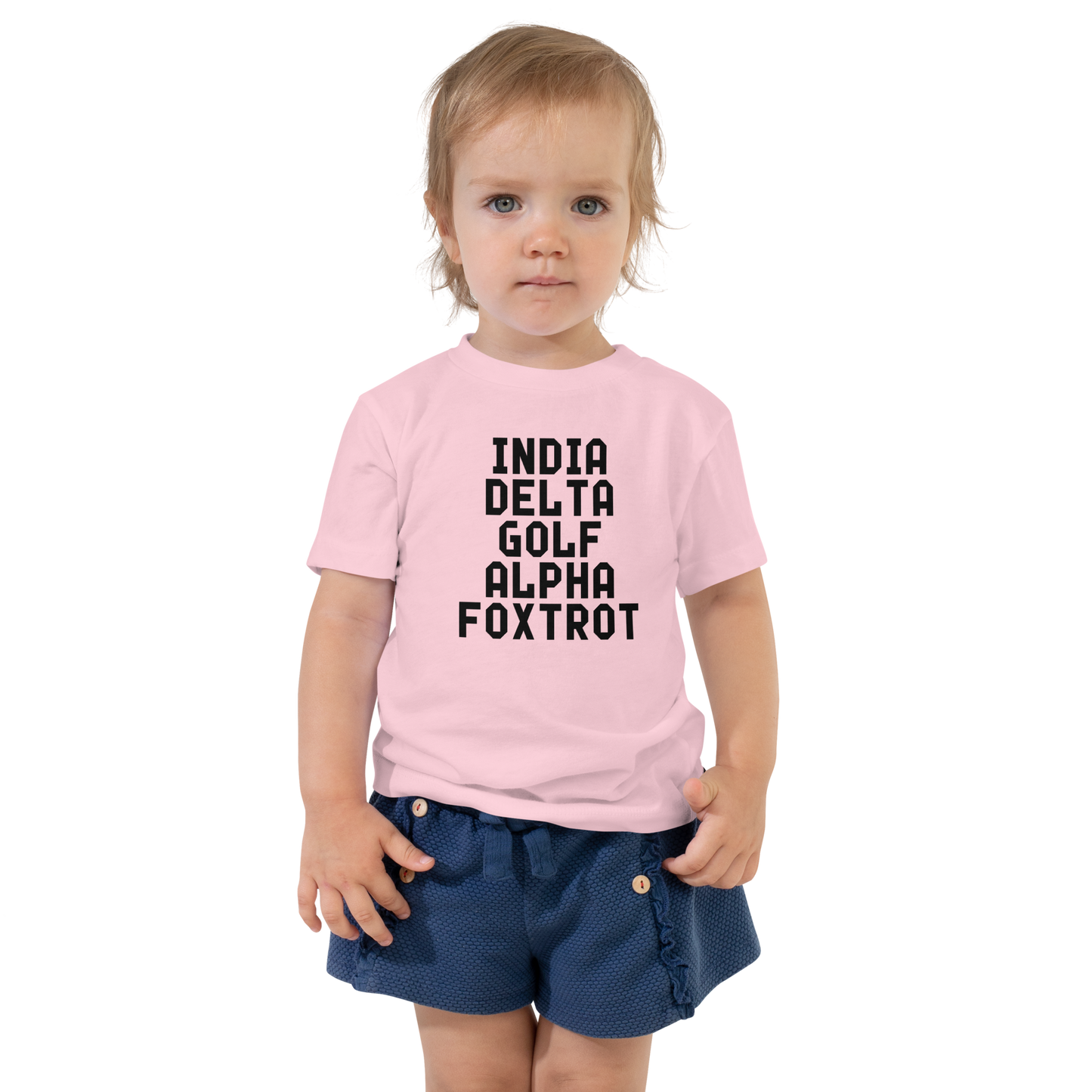"India Delta Golf Alpha Foxtrot" printed on a pink toddler short sleeve tee worn by a female