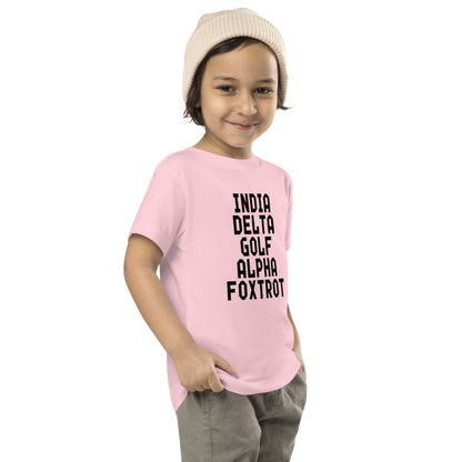 "India Delta Golf Alpha Foxtrot" printed on a pink toddler short sleeve tee worn by a male who is also wearing a knit cap