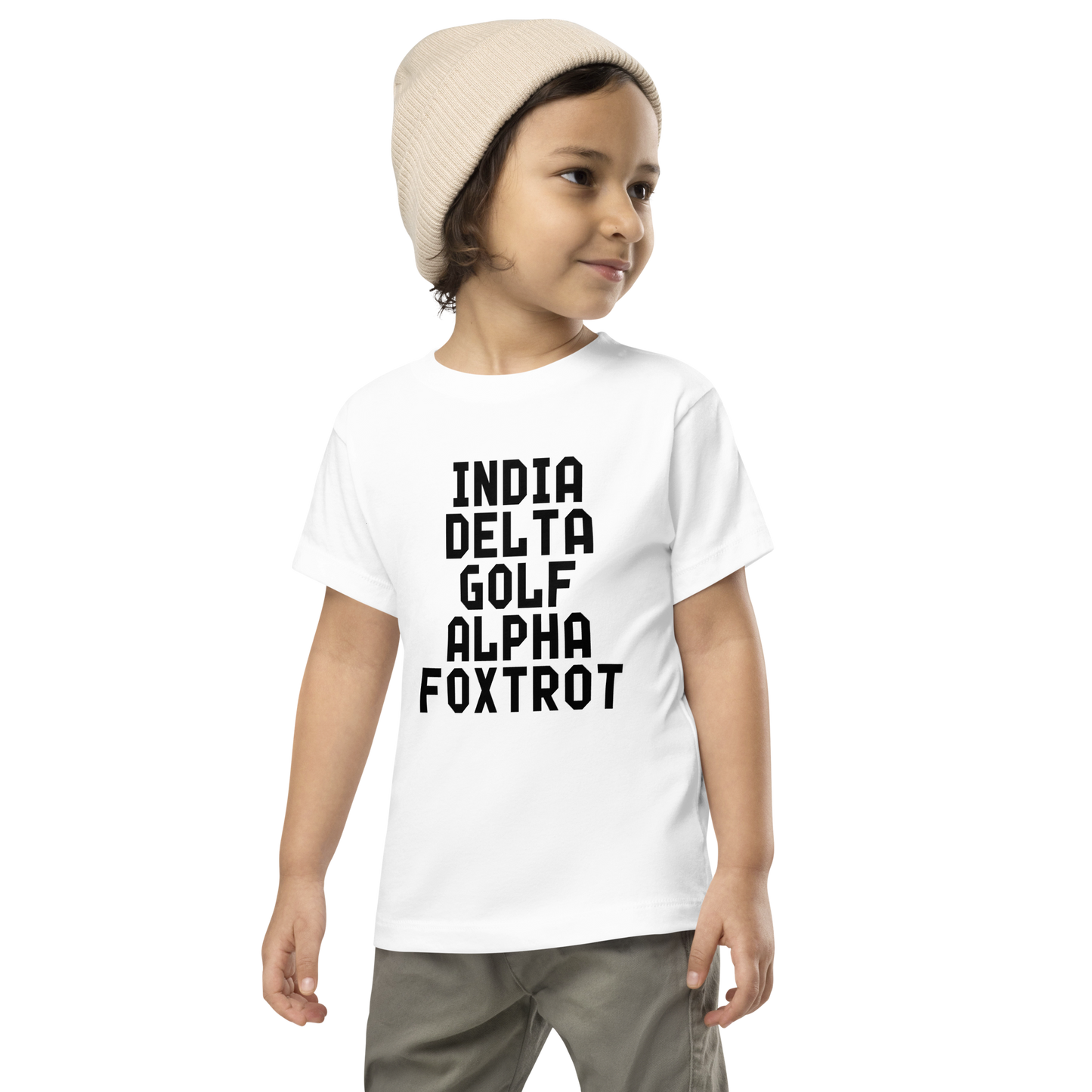 "India Delta Golf Alpha Foxtrot" printed on a white toddler short sleeve tee worn by a male wearing a cap