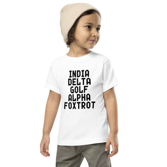 "India Delta Golf Alpha Foxtrot" printed on a white toddler short sleeve tee worn by a male wearing a cap
