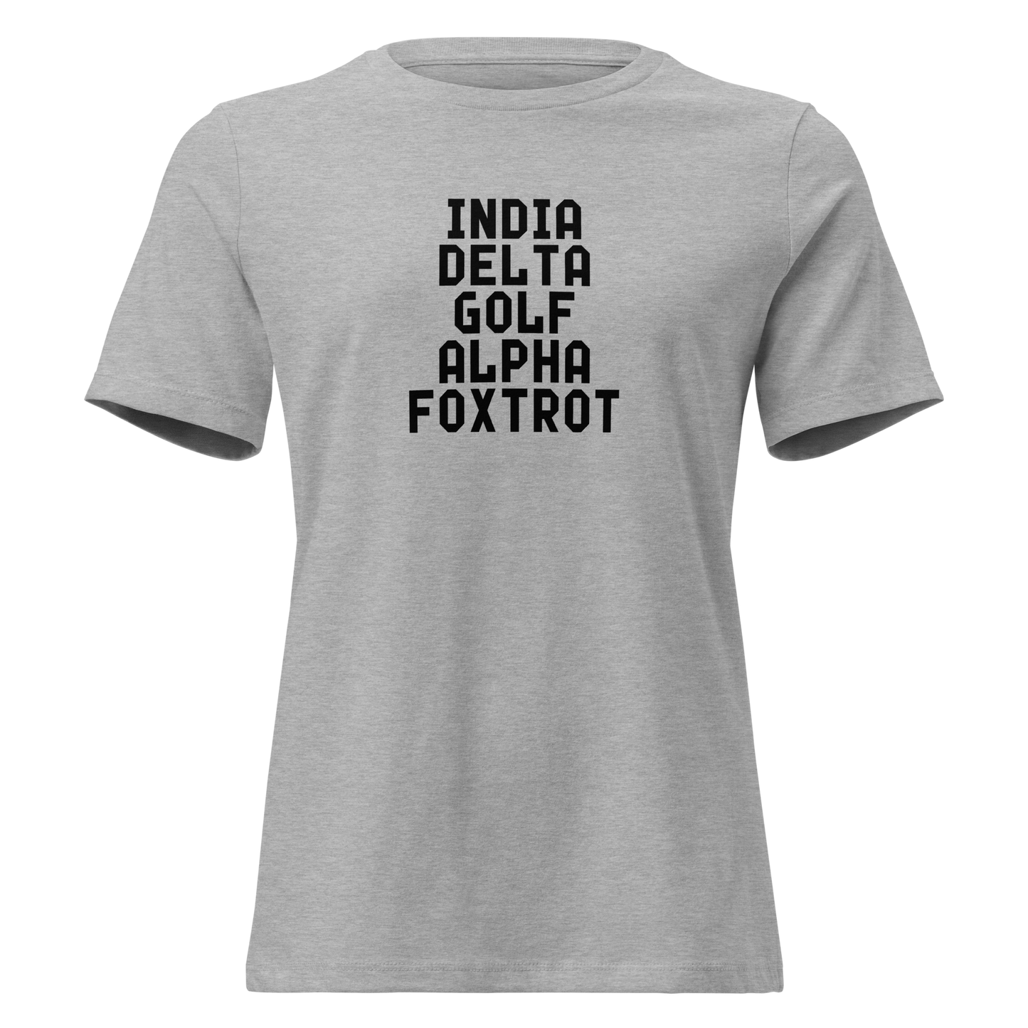 "India Delta Golf Alpha Foxtrot" printed on a athletic heather on an invisible / simulated body