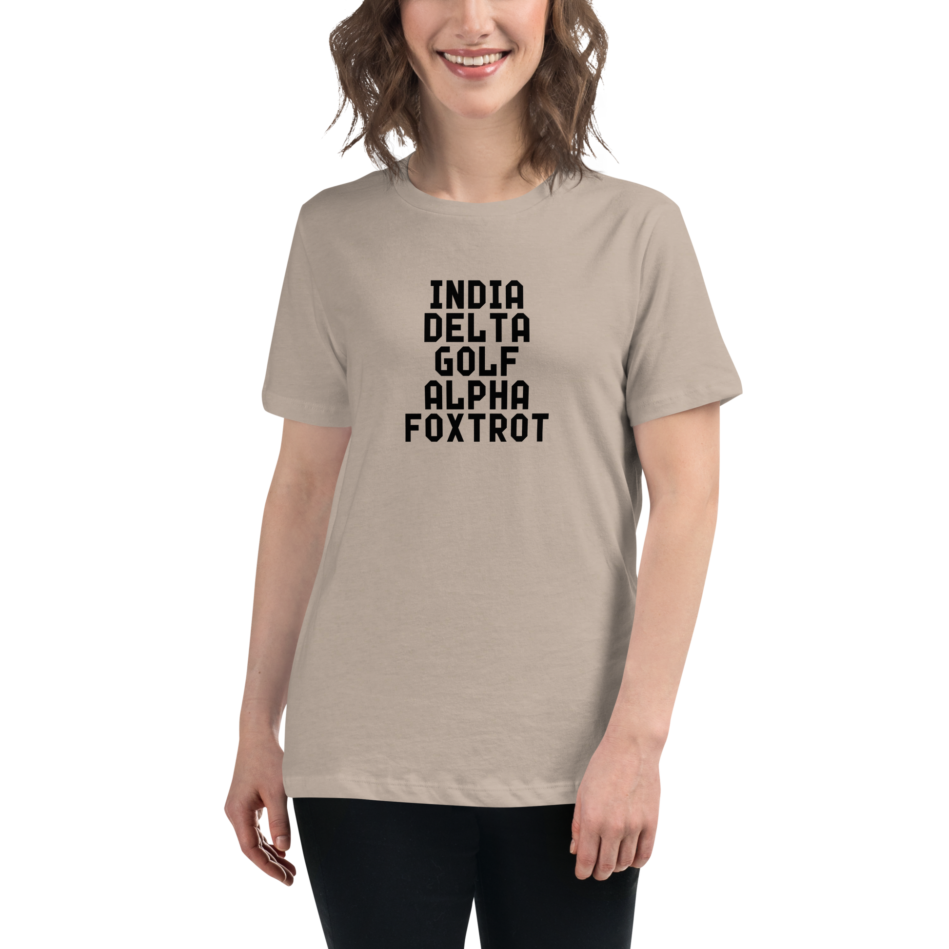 "India Delta Golf Alpha Foxtrot" printed on a heather stone women's relaxed t-shirt worn by a female